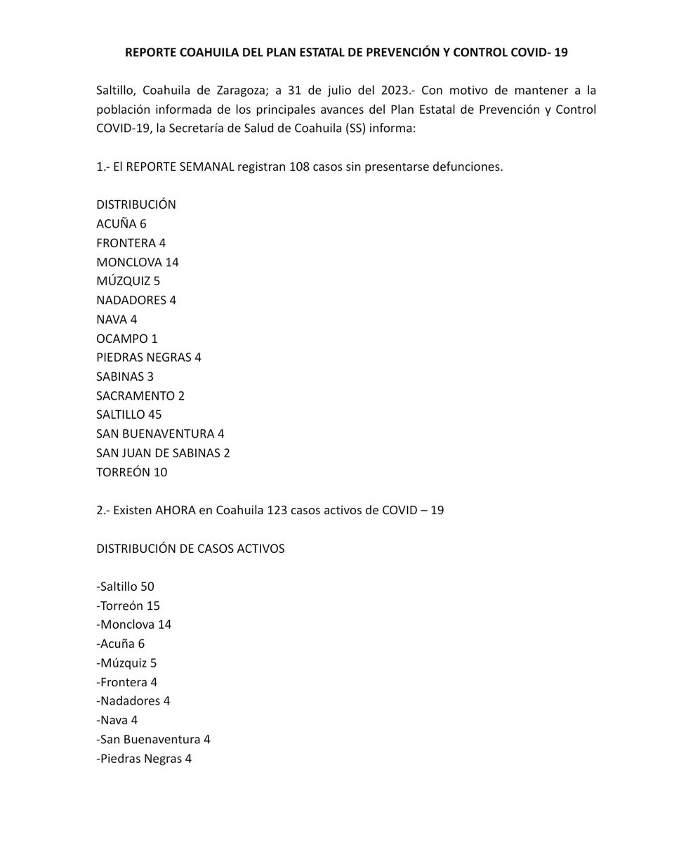 GobDeCoahuila's tweet photo. 📍#REPORTE #COAHUILA DEL PLAN ESTATAL DE PREVENCIÓN Y CONTROL #COVID- 19
 
• Reporte 📄 semanal

Con motivo de mantener a la población informada de los principales avances del Plan Estatal de Prevención y Control COVID-19, la @SS_Coahuila  informa: https://t.co/3I0p8L6pPh