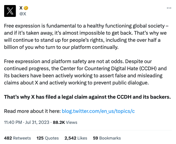 MattBinder's tweet photo. here's Twitter / X trying to frame a legal claim it's filed to stifle research from a nonprofit organization...as it fighting for free speech https://t.co/TYpVXeZWXb