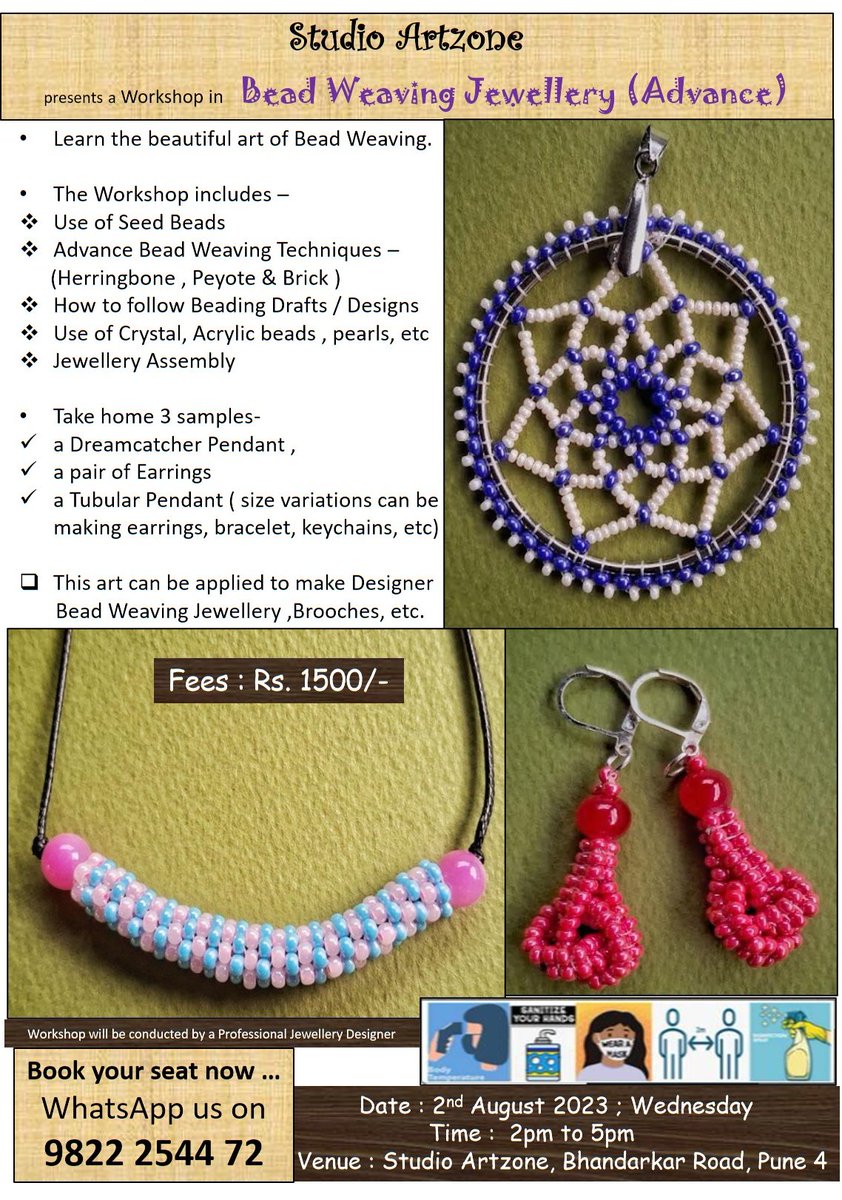 #InStudioClass #BeadWeaving #BeadedAccessories #Pune #Deccan #Techniquebased #StudioArtzone
Learn Advance Bead Weaving Jewellery @ Studio Artzone
~ 2 Aug'23 (Wed) ...2pm to 5pm.. Rs.1500/-
WhatsApp Register on 9822 2544 72