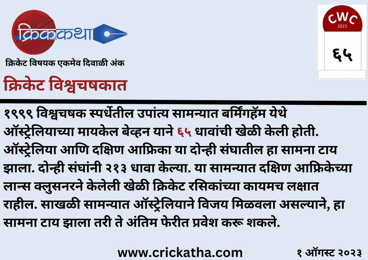 CricKatha's tweet photo. World Cup Facts - 65 days to go.
#cricket #cwc #cwc2023 #क्रिकेटवाली_दिवाळी #क्रिककथा #मराठी #क्रिकेट_मराठी #crickatha #crickatta #diwali2023 #diwali #Australia #SouthAfrica #AusvsSA #CWC1999 #LanceKlusener https://t.co/f6TCdTNUTQ