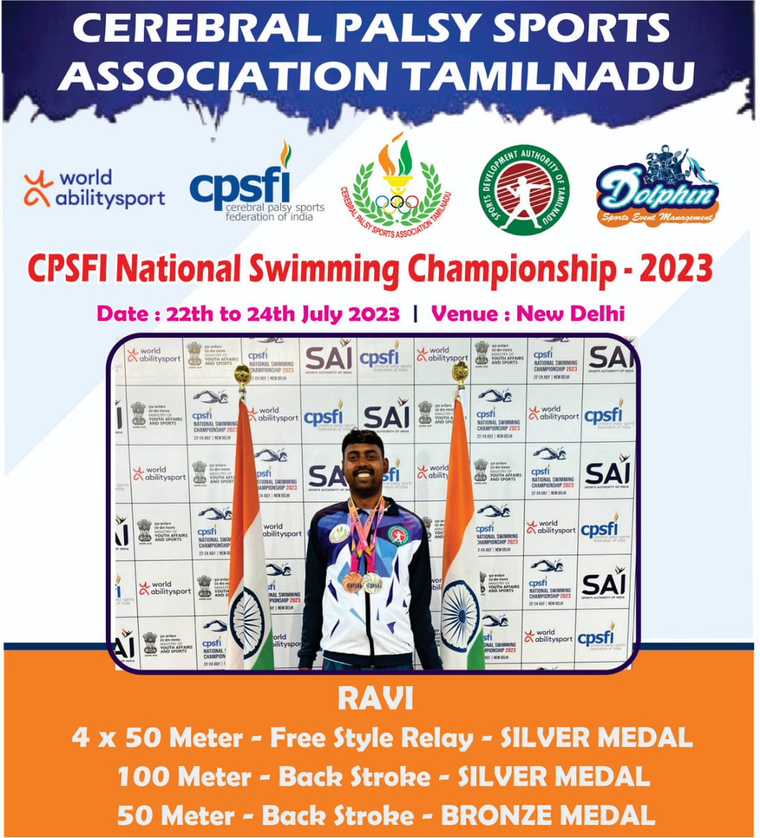 tncpsports's tweet photo. Cpsfi National Swimming Championship -2023 from 22th to 24th July 2023 at New Delhi #Tamilnadu #worldabilitysports #cpsfi #SDAT #cerebralpalsy #cerebralpalsyawareness 
#cpswimming  #cpsports 
#UdhayanidhiStalin https://t.co/2xuS1uaF8n