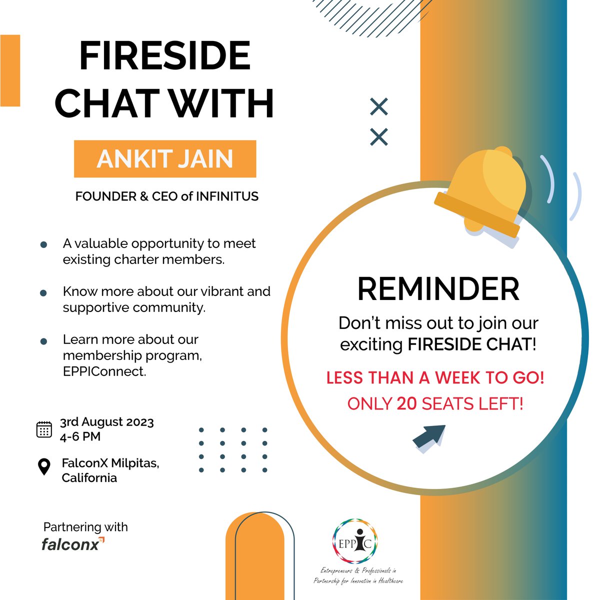 Reminder to register for the free Fireside Chat with Ankit Jain! He will be talking about, "Journey from Technology to AI Enabled Healthcare"! This event will be this Thursday, August 3, 2023 from 4-6pm at FalconX, Milpitas, CA. Register: eppicglobal.org/engage/calenda…