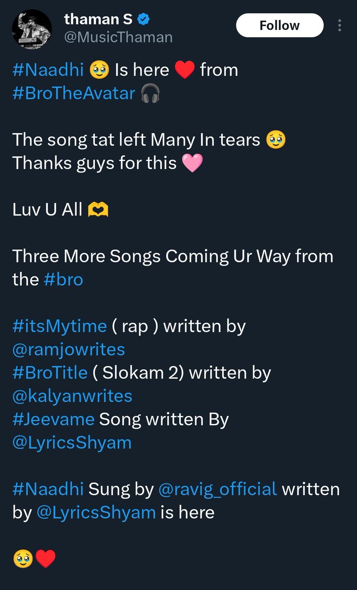 studioOnePlus's tweet photo. #Naadhi 🥹 Is here ♥️ from
#BroTheAvatar 🎧
The song tat left Many In tears 🥹
Thanks guys for this 🩷
Luv U All ❤️
Three More Songs Coming Ur Way from the #bro
#itsMytime ( rap ) written by @ramjowrites
#BroTitle ( Slokam 2) written by @kalyanwrites https://t.co/Z5f6S3xk05