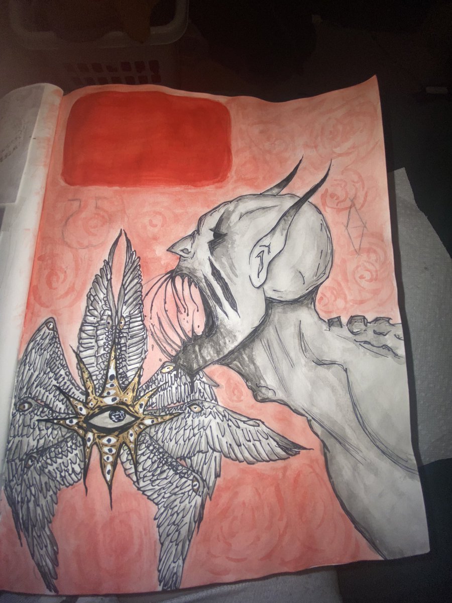 inncorrect's tweet photo. finally finished my portrait of Gabriel the archangel..

listened to a lot of sleep token. the sign on the left of the parting means “life”, and the other symbol is the insignia of Gabriel. 

very proud :,) https://t.co/QreLeR4VYP