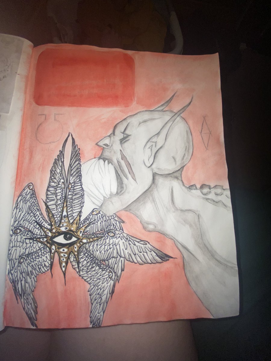 inncorrect's tweet photo. finally finished my portrait of Gabriel the archangel..

listened to a lot of sleep token. the sign on the left of the parting means “life”, and the other symbol is the insignia of Gabriel. 

very proud :,) https://t.co/QreLeR4VYP