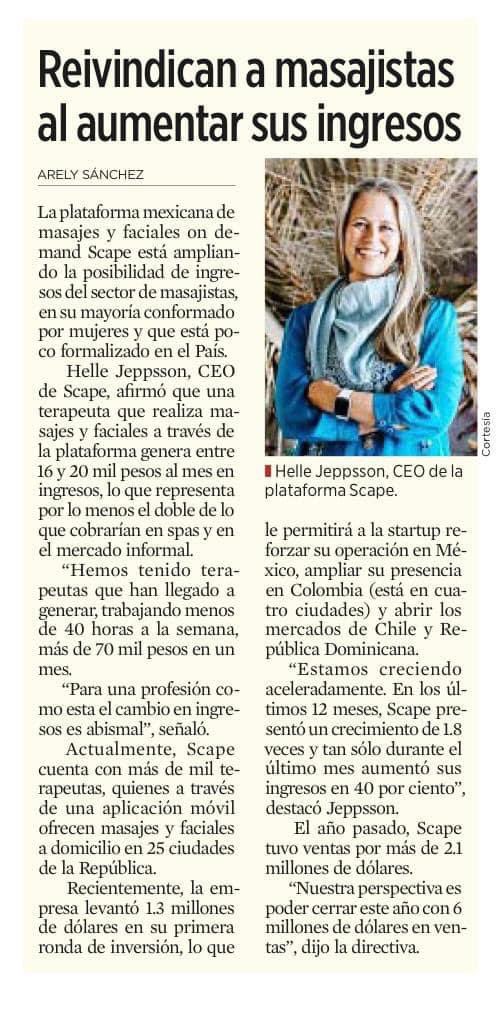 Scape MX amplía la posibilidad de ingresos del sector de masajistas en México conformado principalmente por mujeres.
Gracias por la publicación #Reforma 
<a href="/HelleJeppsson/">Helle Jeppsson</a> <a href="/scapeMasajes/">Scape</a> 

#pr #rrpp #spinto #scape #masajesadomicilio #comunicacion #reforma