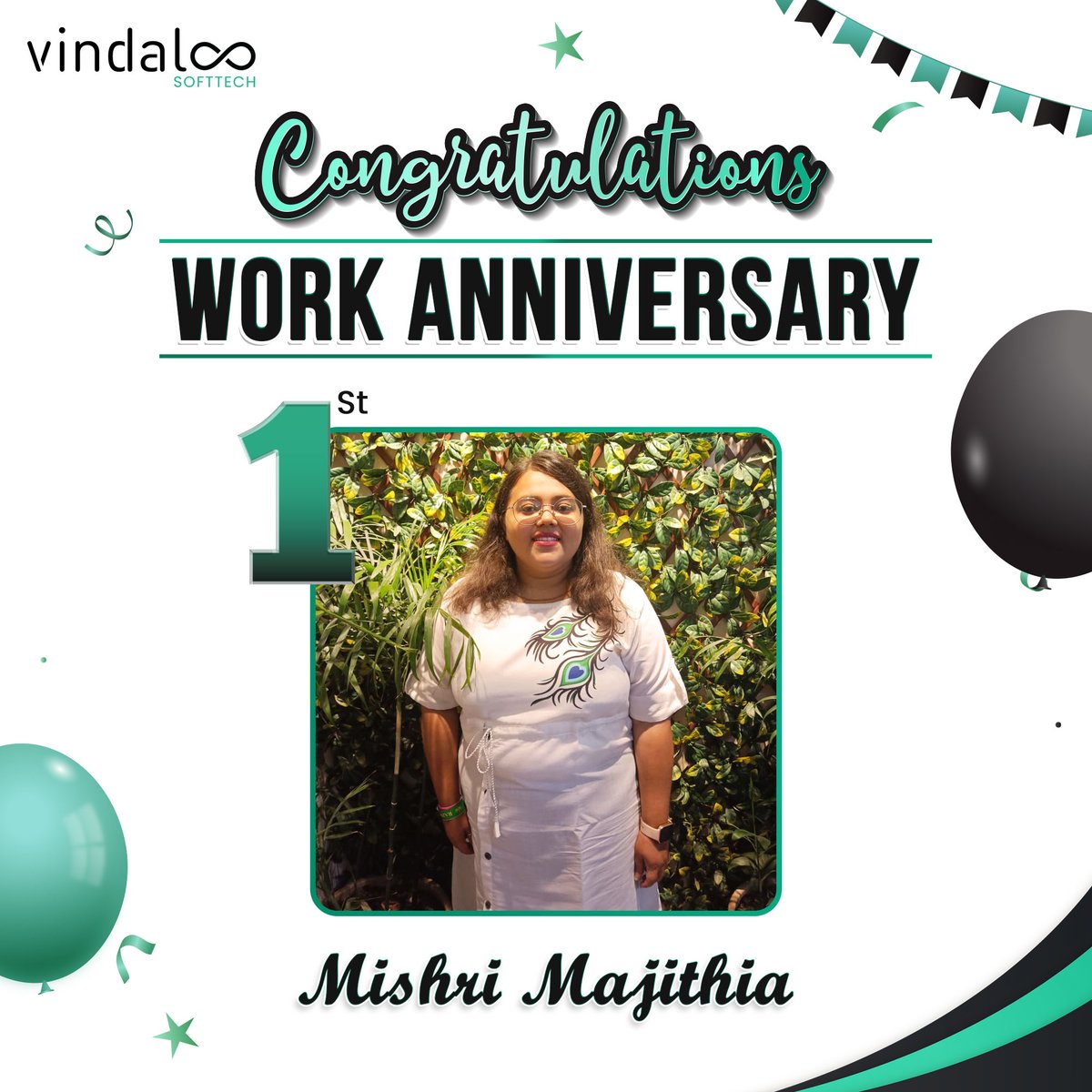 V_softtech's tweet photo. Happy #WorkAnniversary, Mishri! 🎉🎊
Today marks 1st anniversary of your incredible addition to our workforce.🌟 Your hard work, creativity, and passion have played a significant role in our success. Grateful to have you with us.🥳🎂 #TeamAppreciation #Grateful #vindaloosofttech https://t.co/tlhL1k62QC