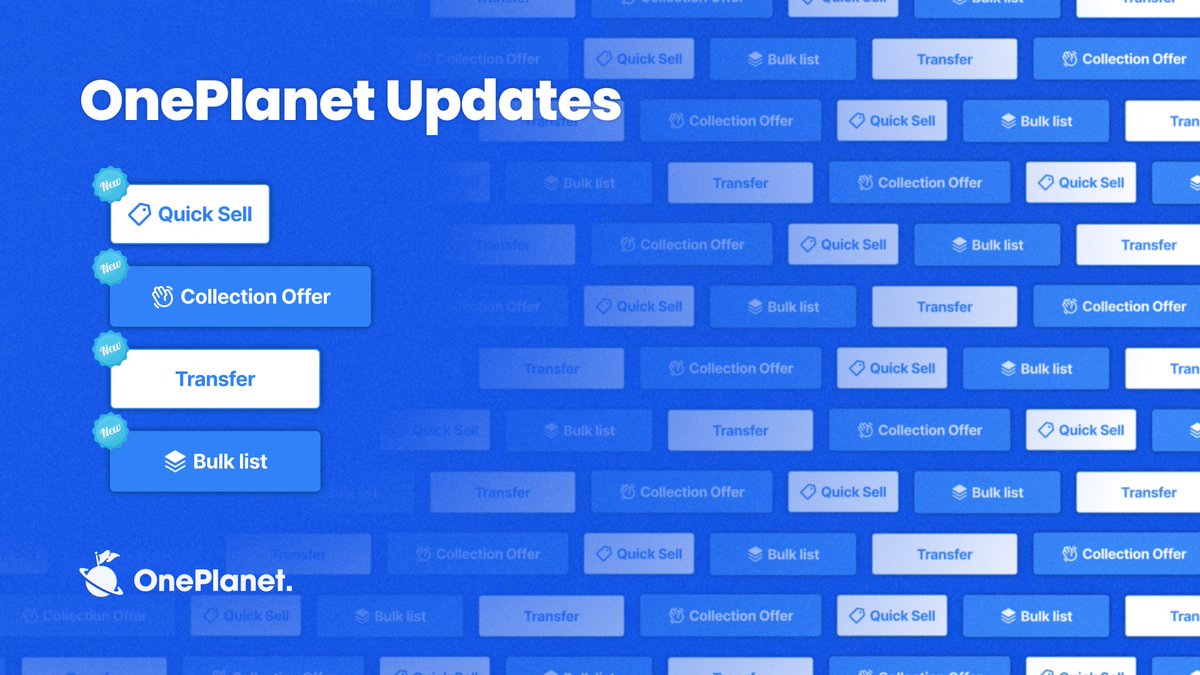 OnePlanet_io's tweet photo. 🌟New Updates - Bulk Listing & Transfer
You can now list and transfer up to 50 NFTs in a single flow on OnePlanet💜

And that's not all:
✔️ Experience "Collection Offer"
✔️ Enjoy hassle-free "Quick Sell"

Discover our latest updates:
🔗https://t.co/uzDUw5qqtu

What features would you love to see next?
Please leave your suggestions👂