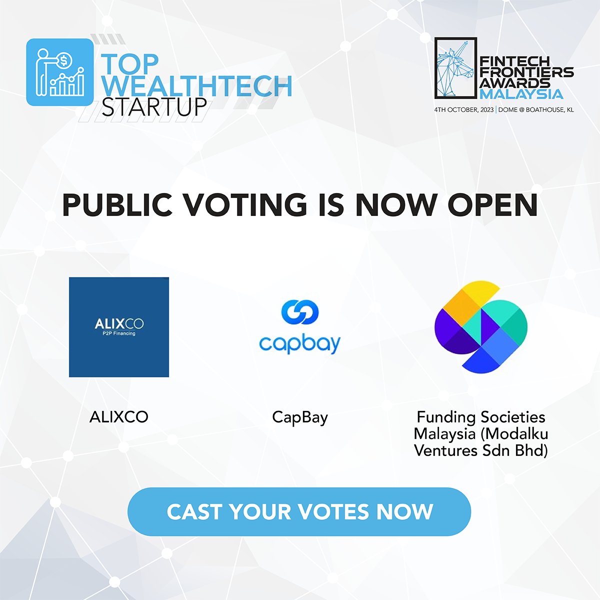 FintechNewsMy's tweet photo. Public voting is now open for our Fintech Frontiers Awards 2023! Cast your votes now at our website and join us in recognising the top wealthtech startup company in Malaysia: https://t.co/ErrC9yUYSk
#Startup #Malaysia #FintechFrontiersAwards #wealthtech https://t.co/YvO6vqduiC