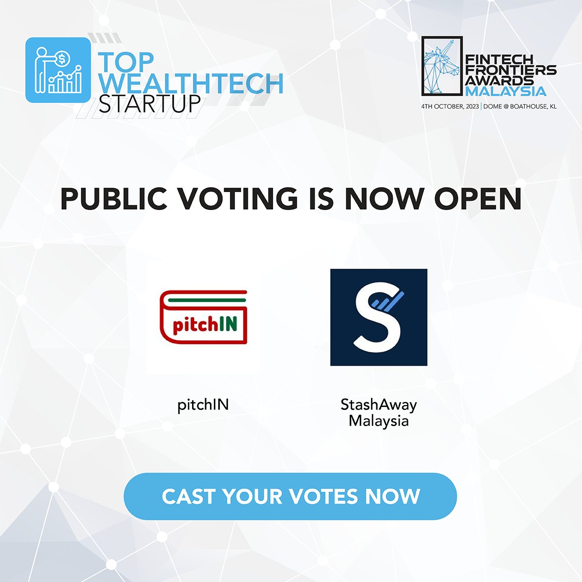 FintechNewsMy's tweet photo. Public voting is now open for our Fintech Frontiers Awards 2023! Cast your votes now at our website and join us in recognising the top wealthtech startup company in Malaysia: https://t.co/ErrC9yUYSk
#Startup #Malaysia #FintechFrontiersAwards #wealthtech https://t.co/YvO6vqduiC