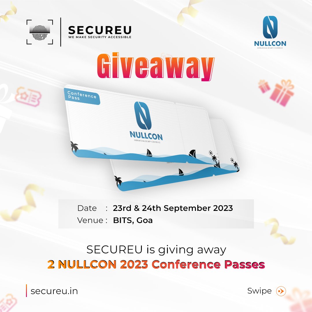 secureu_in's tweet image. 🚨 EXCITING GIVEAWAY 🚨

Win 2 FREE passes 🎫to @nullcon  Goa - India&apos;s top cybersecurity conference.🛡️🚀

#NullconGoa2023 #Infosec #Giveaway #Conference #Goa 

Special Thanks to the organizers.🙏
@murtuja_bharmal  @antriksh_s  @aseemjakhar  @HarshitRMahajan  @whackyhit
