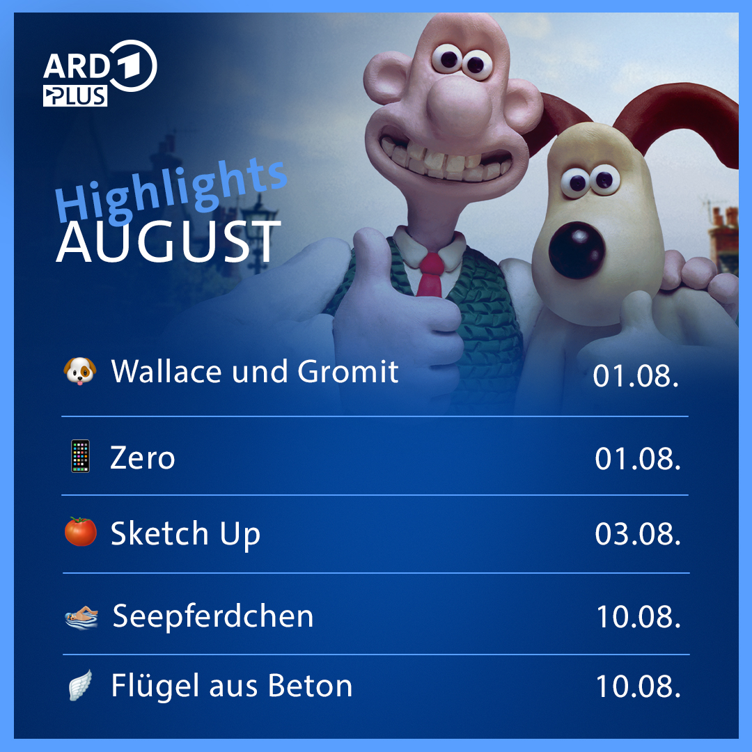 ARDPlusde's tweet photo. NEUES IM AUGUST ✨

#fürdich #stream #streaming #wiedersehen #wiedersehenmachtfreude #Neuheiten #Highlights #Neu #wallaceundgromit #drama #krimi #kids #zero #seepferdchen #flügelausbeton #bozenkrimi #filme #serien #klassiker #ARDPlus #sketchup #dashaus https://t.co/vFrJuQaIEC