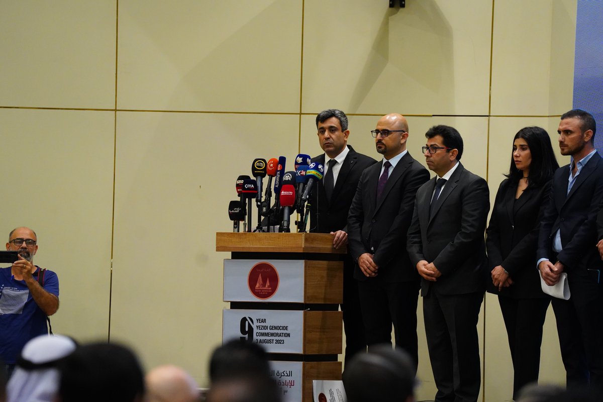 Free_Yezidi's tweet photo. Yezidi community opens genocide commemoration events today in Baghdad, led and organized privately by #Yezidi #Yazidi civil society, sending collective, unified message to Iraqi and international communities and governments nine years since beginning of #YazidiGenocide https://t.co/sVNpHF1d0U