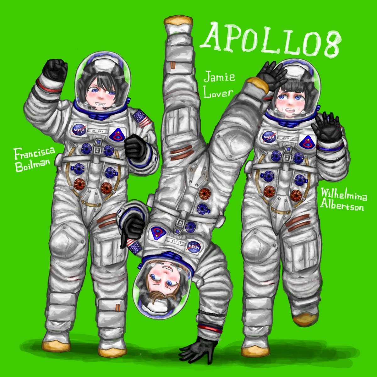frompixiv's tweet photo. アポロ8号
船長: フランシスカ・ボイルマン
司令船操縦士: ジェミー・ラバー
月着陸船操縦士: ウィルヘルミナ・アルバートソン https://t.co/en4OpQHp5r