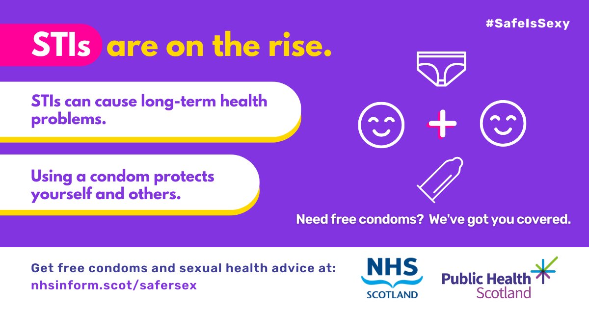 Sexually transmitted infections (STIs) are increasing in Scotland. Cases of gonorrhoea have more than doubled since 2017. The best way to reduce your risk of STIs is to use a condom when having vaginal, anal or oral sex. Find out more at nhsinform.scot/safersex #SafeIsSexy