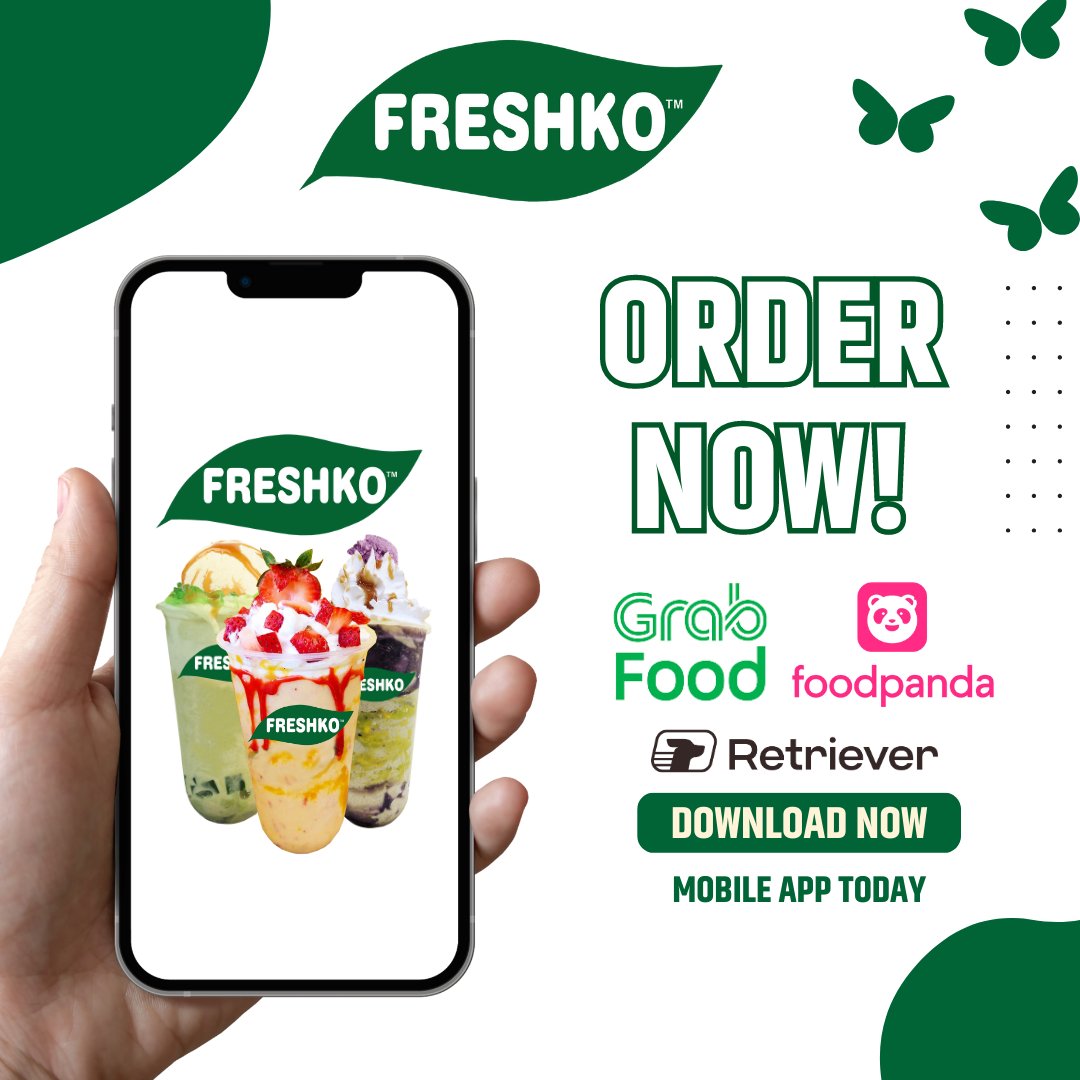 Grab your FRESHKO drinks and shakes favorites today and every day, even on the go! 🥤 Don't miss out, order yours now through #GrabFoodPH, #Foodpanda, or enjoy a quick #TakeOut! 

#FRESHKO #refreshingtreat #FRESHKOtoGo #SipOnTheMove #LoveKoFRESHKO #Fruitshakes