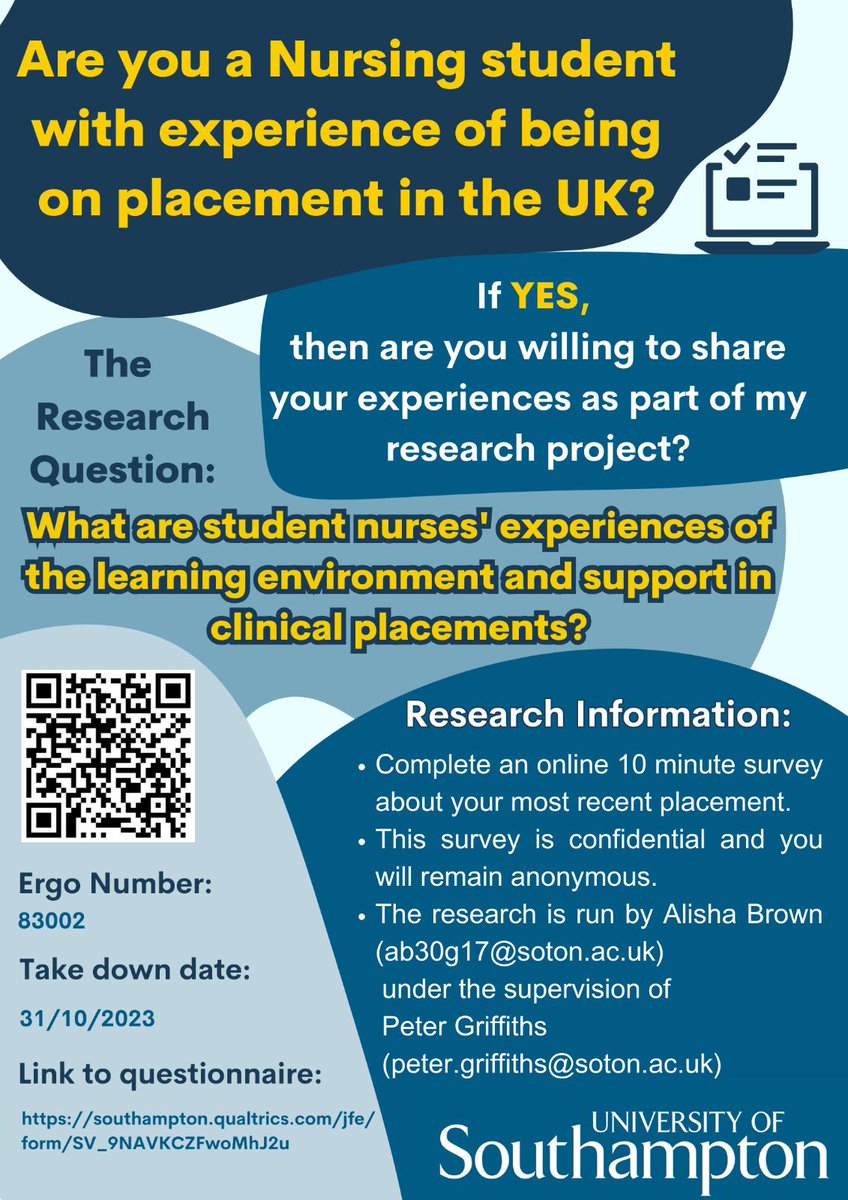 🗣️Are you a Nursing student with experience of being on placement in the UK?

Please consider taking part in my survey about your experiences of clinical placements.

#StNResearch