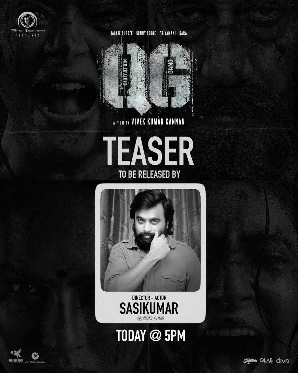 divomovies's tweet photo. #QuotationGangTeaser #QG Teaser will be launched by @SasikumarDir #Meena &amp; #KSRavikumar Today at 5 PM 💥

 @vivekkumarknan @I_m_Gayathri @Its_Filminati @WHYmedia1
@bindasbhidu @SunnyLeone @Priyamani6 #Saraarjun @drumssivamani @Itsjosephjaxson #Divo https://t.co/7EJdkDweH6
