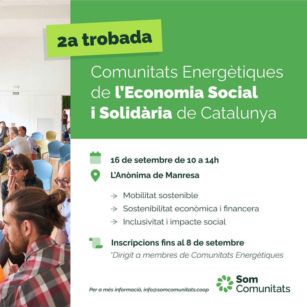 👉 Nova trobada de #ComunitatsEnergètiques de Catalunya 🙌
🗓️ 16 de setembre 🕙 10h a 14h 
📍 Manresa, L' Anònima
➡️ Dinarem juntes 🥳
✍️ Inscripcions obertes fins al 8 de setembre per a persones d'una #ComunitatEnergètica ja activa o en construcció

👉 bit.ly/TROBADA-COMUNI…