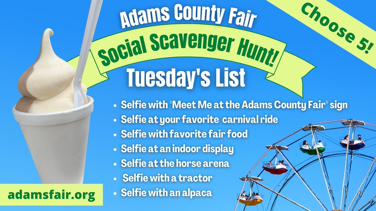 AdamsCountyFair's tweet photo. Go on the Social Scavenger Hunt at the Adams County Fair and win tasty prizes!
Post 5 selfie challenges to Facebook and TAG THE FAIR -- so we can see it! Our Facebook handle is @AdamsCountyFairIL 
Then head to the office to grab your goodie!
#AdamsCoFairIL https://t.co/gCAQggDAYD