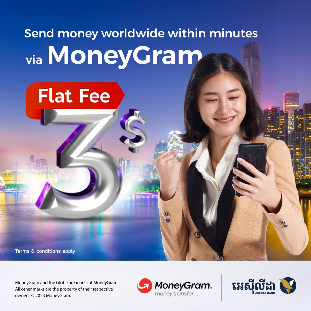 acledabankplc's tweet photo. Lowest fee! Only US$3 Flat for sending money worldwide within minutes via MoneyGram on ACLEDA mobile and over the counter nationwide.

Read more: https://t.co/r51CE3JCzs 

#ACLEDAoffer #ACLEDAmobile #ACLEDAapp #ACLEDAcounter #ACLEDABank #MoneyGram https://t.co/LPy6oPKaPh