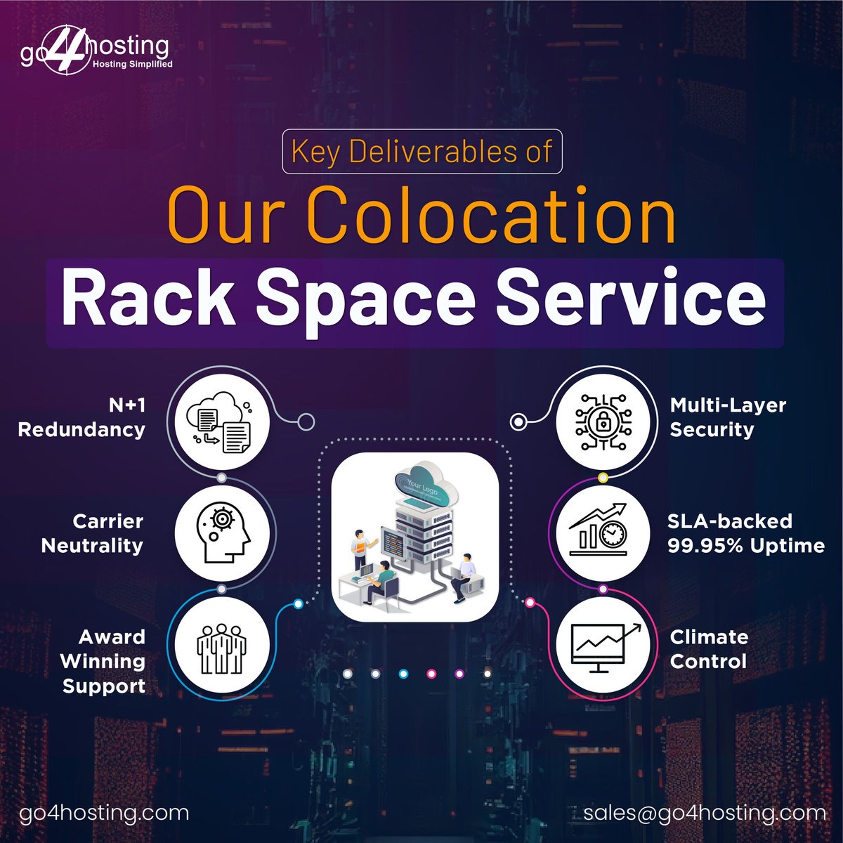 go4hosting's tweet image. Discover the Key Deliverables of our Premium Colocation Services!
Seamlessly store and manage your critical data with Go4Hosting&apos;s state-of-the-art Colocation Rack Space Service. 

#multilayersecurity #climatecontrol #carrierneutrality #colocation