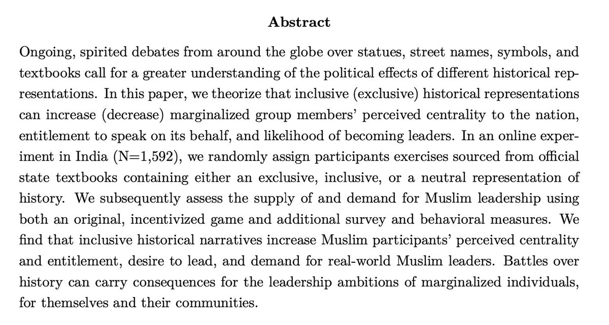 Excited to share that my work with @Nicholas_Haas_1 has been conditionally accepted at the @apsrjournal. After years of hard work, we’re so pleased about this outcome! “My History or Our History? Historical Revisionism and Entitlement to Lead” bit.ly/3OeqBaU 🧵👇: