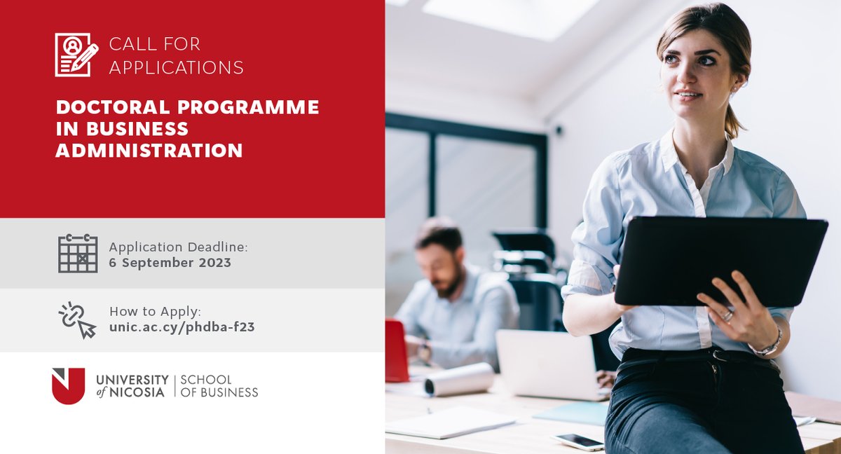 UNIC_ENG's tweet photo. 🔔 Call for Applications

For the Fall 2023 semester, the University of Nicosia announces the opening of 1️⃣1️⃣ positions for admission to the Doctoral Programme (PhD) in Business Administration.

📅 Deadline for submission: 6 September 2023 https://t.co/zGJMyJXyDA