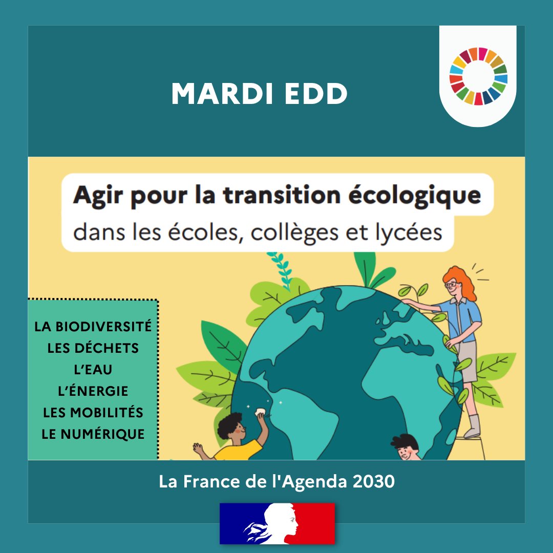 [#MardiEDD]

✍️ Le guide « Agir pour la transition écologique🌱dans les écoles, collèges et lycées », présente des pistes d’action🎯et projets pédagogiques pour la #transitionécologique dans les établissements scolaires.➡️edd.ac-versailles.fr/spip.php?artic… #ODD4 #ODD11 #ODD15 <a href="/Eduscol/">éduscol</a>