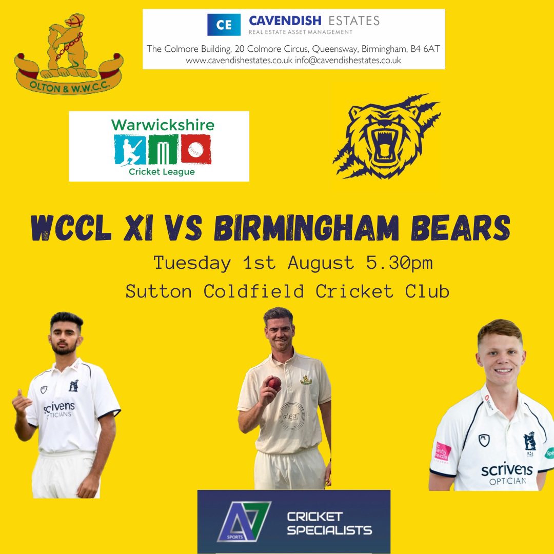 oltonwwcricket's tweet image. Get down to Sutton Coldfield CC tonight to support @JadeRichter as he represents the Warwickshire county cricket league vs @WarwickshireCCC 

#owwcc #wccl #cricket #bears #wcb