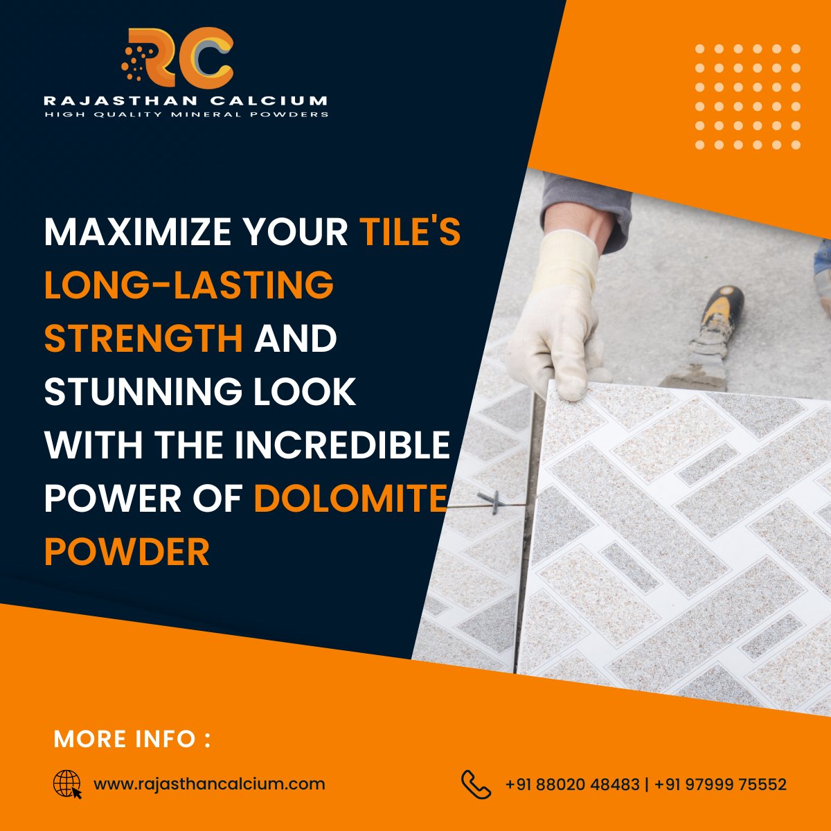Dolomite powder is a game-changer, extending your tiles' lifetime and aesthetic appeal. Choose the finest Dolomite powder from Rajasthan Calcium to give your tiles an enchanting glow that will wow everyone.

#RajasthanCalcium #DolomitePowder #VisuallyAppealing #DurableTiles