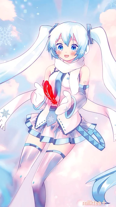 赤い羽根と雪ミクさんのイラスト。 こちらは落選でした。またつぎの機会、頑張りますね