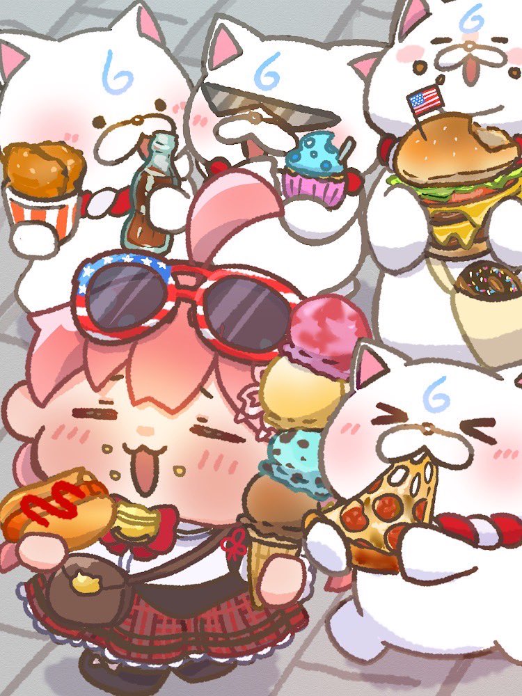 sakura miko sunglasses food eyewear on head 1girl pizza burger holding food  illustration images