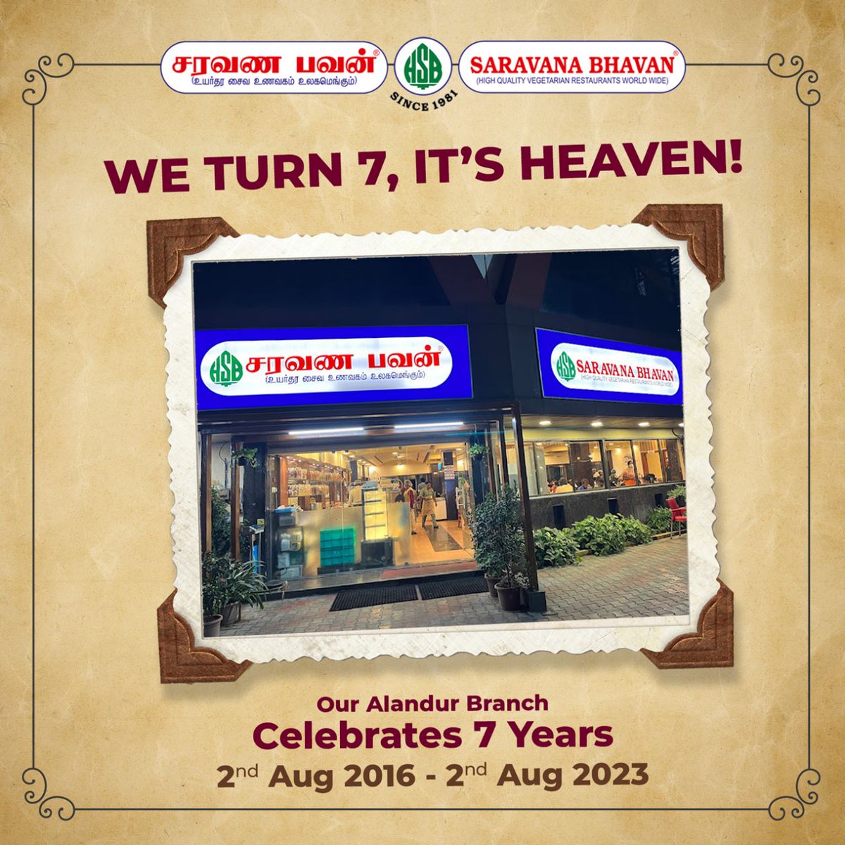 hsbindia's tweet photo. What an amazing feeling is to see Happy and Satisfied faces for the past 7 years. Thank you for giving us the chance to serve you!

order now!!

#Hotelsaravanabhavan #deliciousmeals #weturn7 #itsheaven #7yearscelebration #thankstoyou #trustingus https://t.co/oug3mL9n16