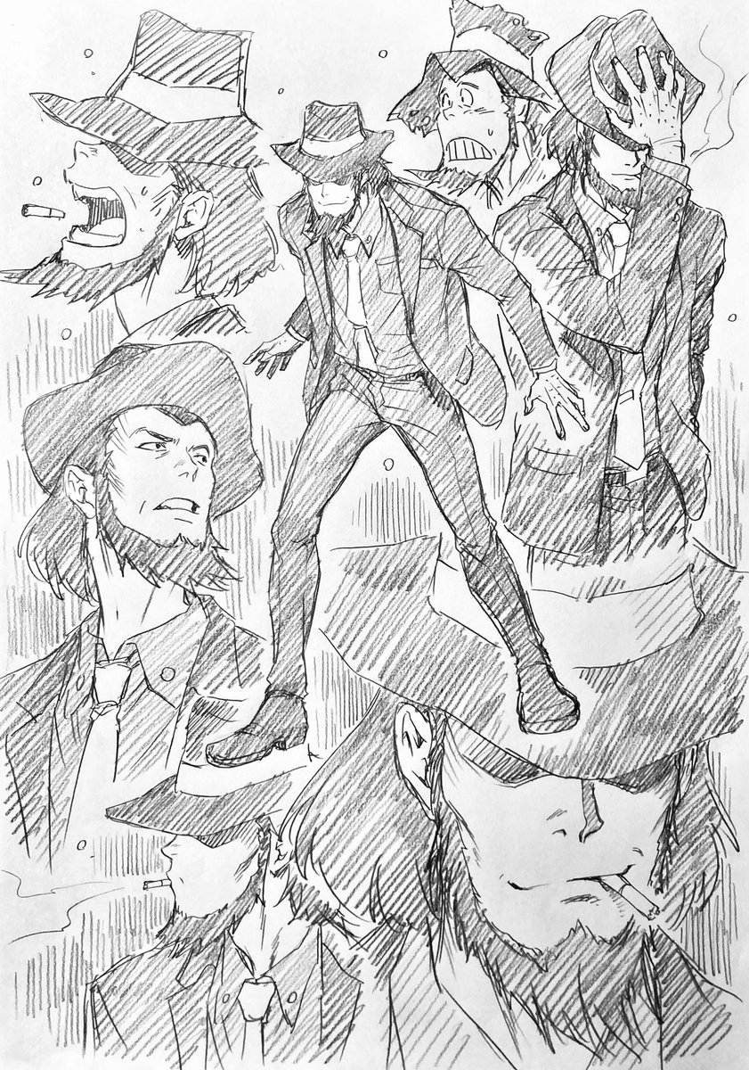ラフ描き、L3、次元大介  次元は比較的描きやすい。 ルパンよりもずっと描きやすい…。