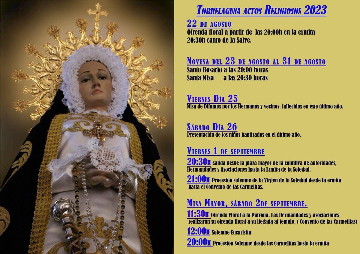 TorrelagunaN's tweet photo. ⛪️ Actos religiosos organizados por la Hermandad de Nuestra Señora de la Soledad en colaboración con la Parroquia Santa María Magdalena con motivo de las Fiestas Patronales de Torrelaguna 2023.

#Torrelaguna #FiestasTorrelaguna2023 https://t.co/zDbyLCTpqG