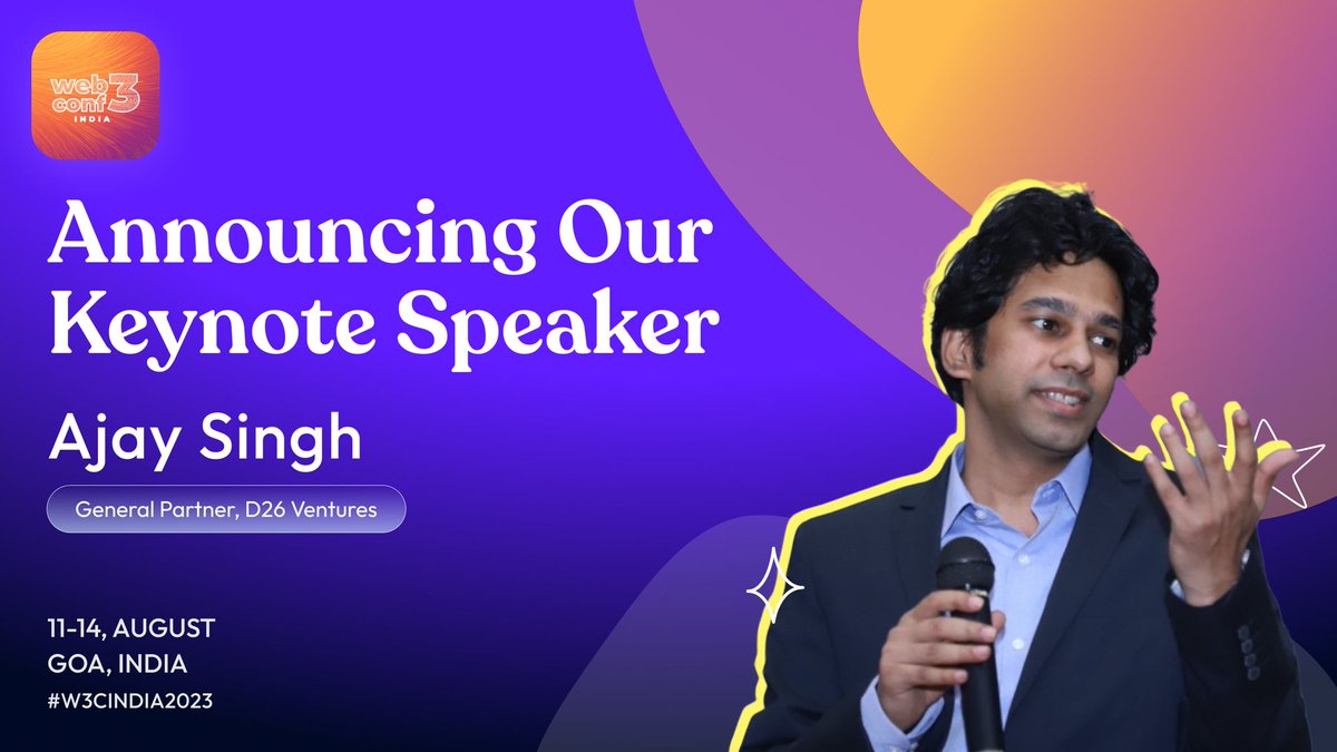 GP at D26 Ventures Co-Founder DLT Labs, Advisory Council Member at Enterprise Incubation Centre of IIM Lucknow and Mentor at T-Hub yes!🔥
We are thrilled to announced <a href="/singhajaysingh/">Ajay Singh</a> as our keynote speaker for Web3Conf 2023🎉

Buy your tickets now on web3confindia.xyz