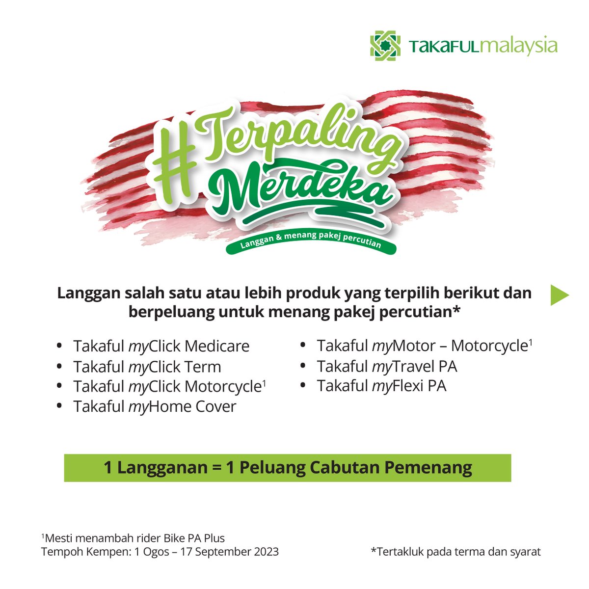 takafulmsia's tweet photo. Kempen #TerpalingMerdeka kami dah bermula!  

Menang pakej percutian ke London, Istanbul, Osaka, Seoul, Bangkok dan Bali.  Tertakluk pada terma &amp; syarat.  

Tempoh kempen: 1 Ogos – 17 September 2023 
Info lanjut di: https://t.co/q9CGYuKGSR

#TakafulMalaysia #KempenMerdeka https://t.co/3Rox0vJ7Py