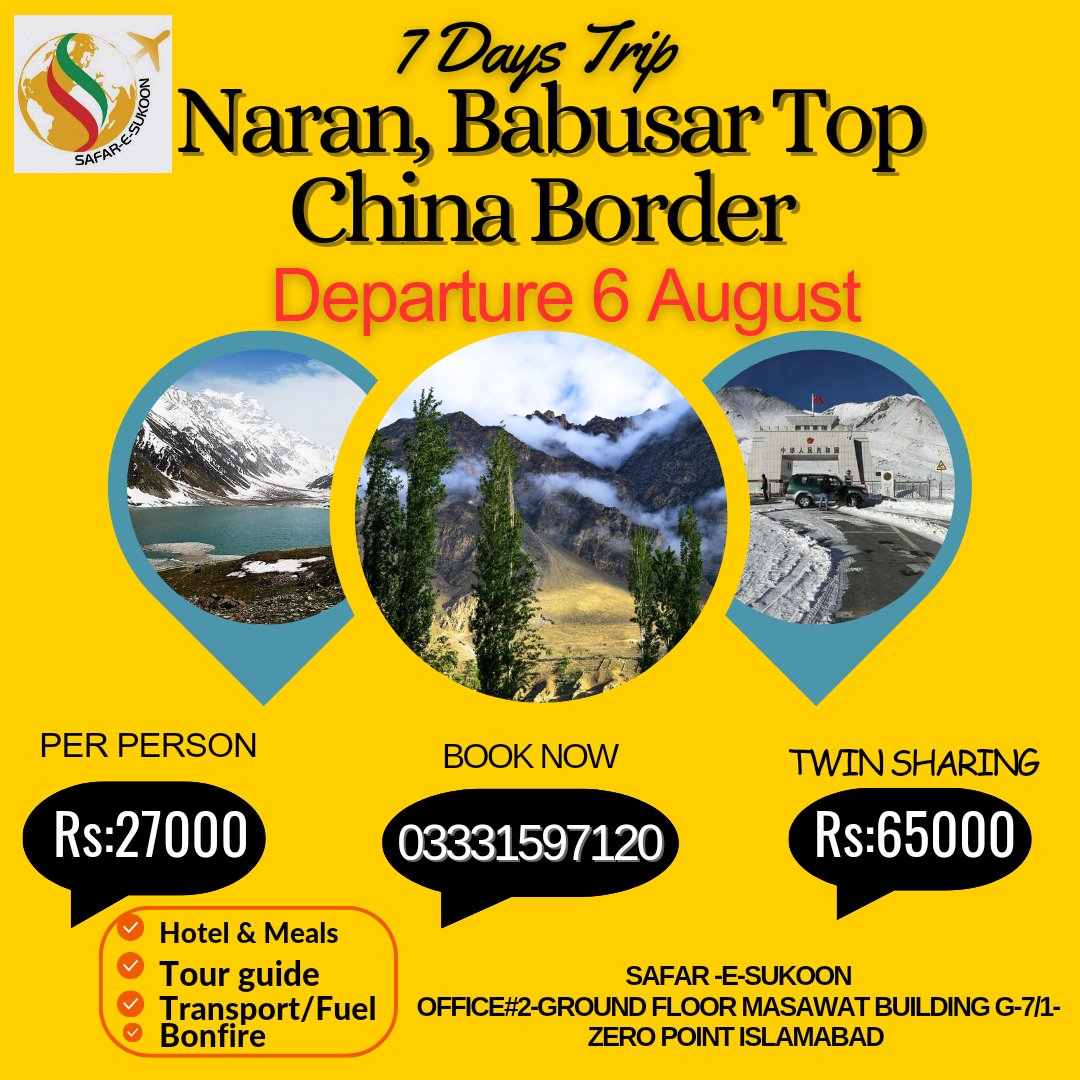Safaresukoon's tweet photo. Time is up...Limited Seats Are Available...Register Urself Now.
#Naran #Hunza #nature #LimitedTimeOffer #safaresukoon #Islamabad #Sindh https://t.co/gnZ6REDGD4