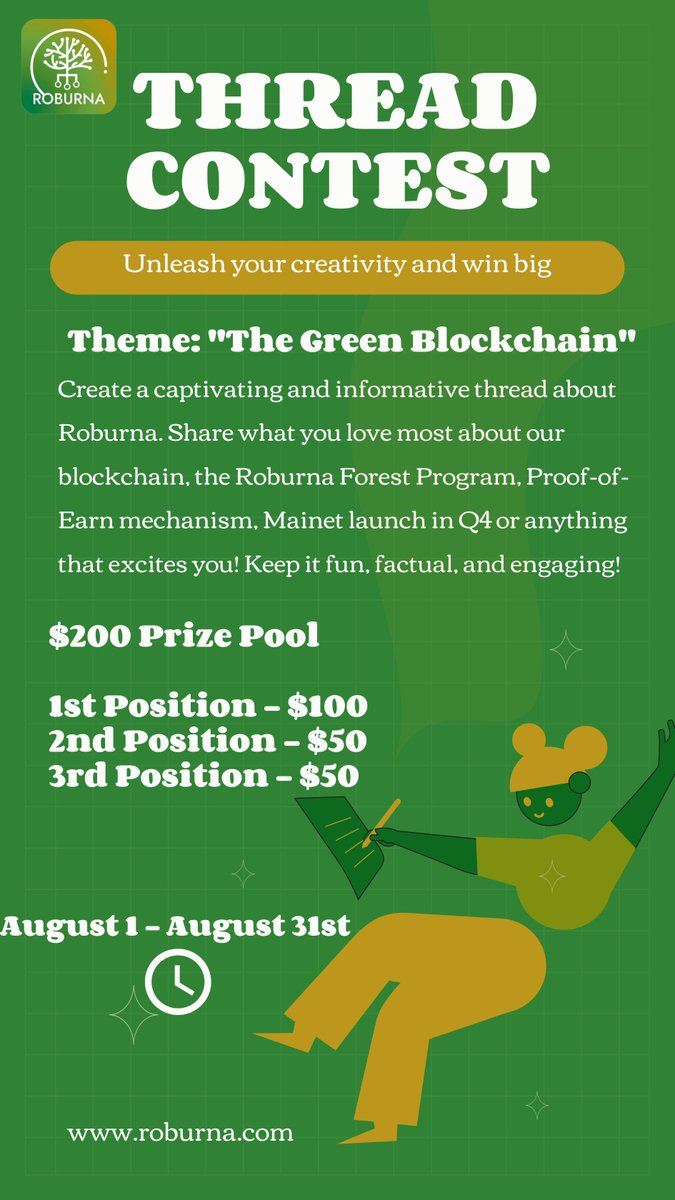 Roburnaofficial's tweet photo. Roburna thread #contest is live!

Are you worthy of being called a professional threadoor?

Prove it and win $200:

- Write a detailed thread about Roburna
- Pin the thread on your profile
- Use the tags: #RBA #GreenBlockchain @roburnaofficial
- Join the @ArborSwap_Defi army - https://t.co/mJqoRFlqnG
- Comment your thread link below

Best 10 threads will be selected, and the 3 #winners will be chosen in a live draw.