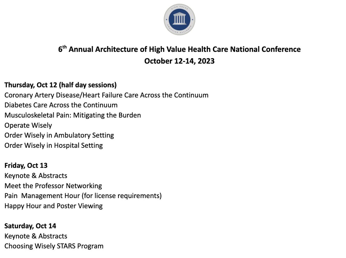 Registration open for 6th annual Architecture of High Value Health Care National Conference on Oct 12-14. New didactics on evidence-based practice for cardiovascular disease, diabetes &amp; musculoskeletal pain plus >100 performance improvement abstracts. 
Registration: