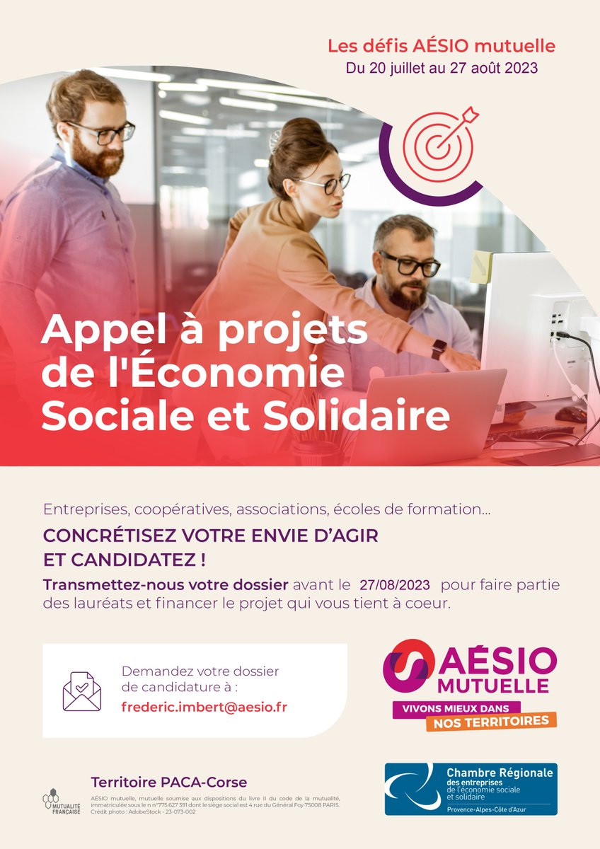 Du 20 juillet au 27 août, <a href="/AesioMutuelle/">AÉSIO mutuelle</a>, en partenariat avec la <a href="/CRESS_sud/">CRESS Provence-Alpes-Côte d'Azur</a>, lance l’appel à projets ‘LES DÉFIS’ dans le cadre de l’économie sociale et solidaire #ESS et du développement durable.

Pour candidater ➡️ cutt.ly/AAP2023AESIO