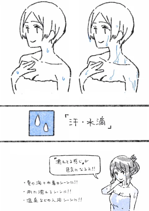 TIPS【汗と水滴】
水着や温泉に入っているシチュエーションを描きたい方にオススメです 