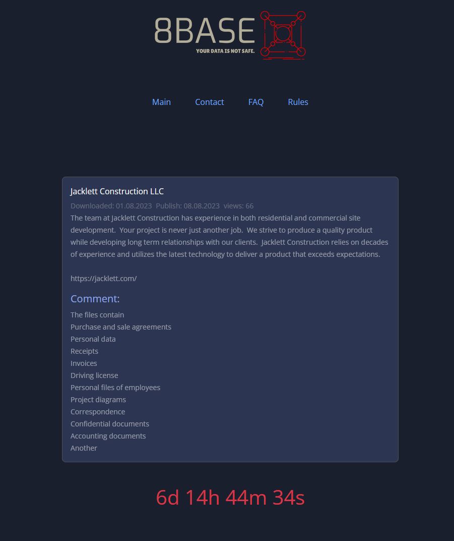 #USA #cyberattack Jacklett Construction LLC von @8BASEHOME #Ransomware betroffen.