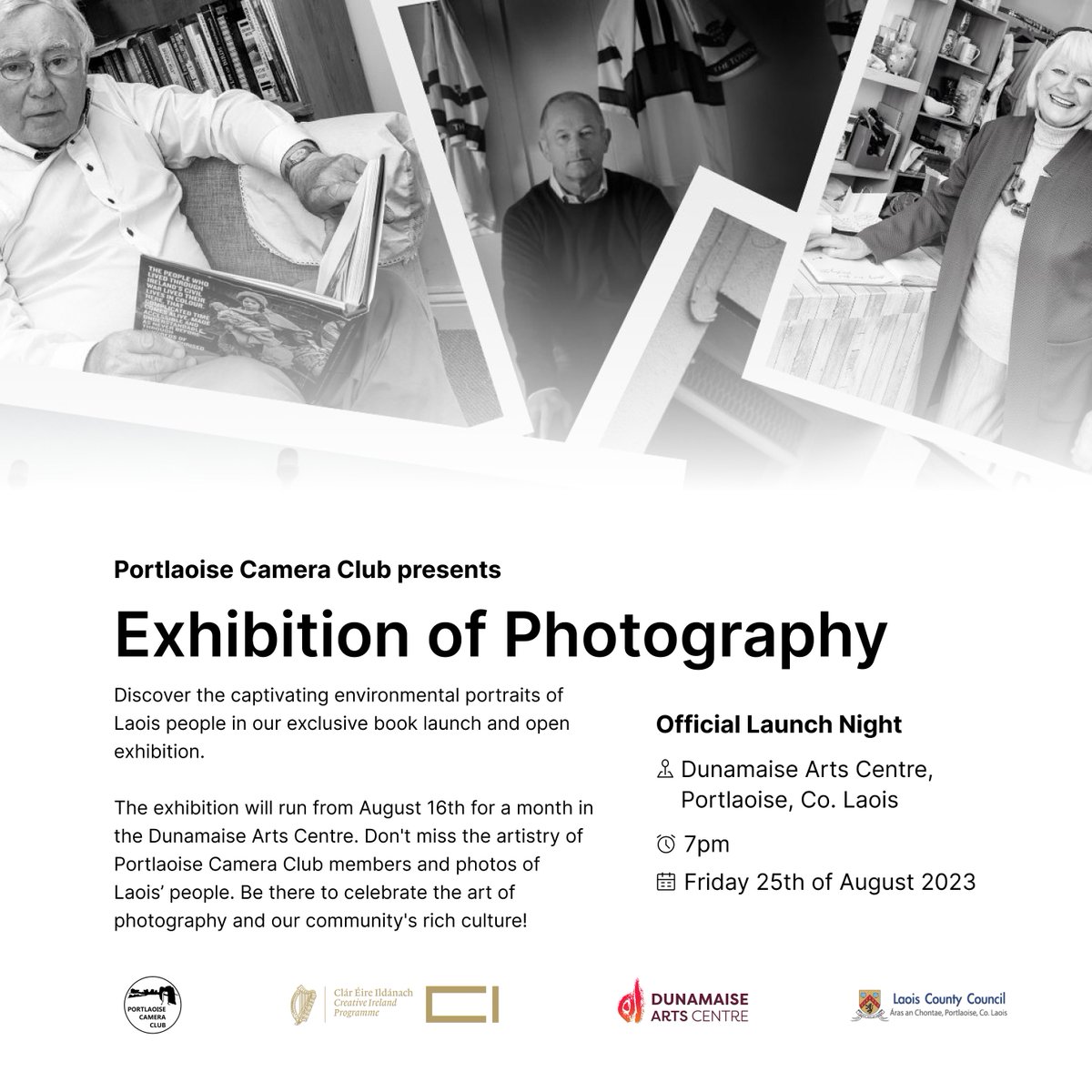 Portlaoise Camera Club are launching an exhibition in the Dunamaise Arts Centre on Friday the 25th of August at 7pm and they would like to invite you along.
<a href="/creativeirl/">Creative Ireland</a> <a href="/LaoisToday/">Laois Today</a> <a href="/LaoisNews/">Leinster Express / Laois Live</a> <a href="/laoisheritage/">Laois Heritage</a> <a href="/LaoisNews/">Leinster Express / Laois Live</a> <a href="/Midlands103/">Midlands103</a> <a href="/tourism_laois/">Laois Tourism</a> <a href="/tourism_laois/">Laois Tourism</a>
