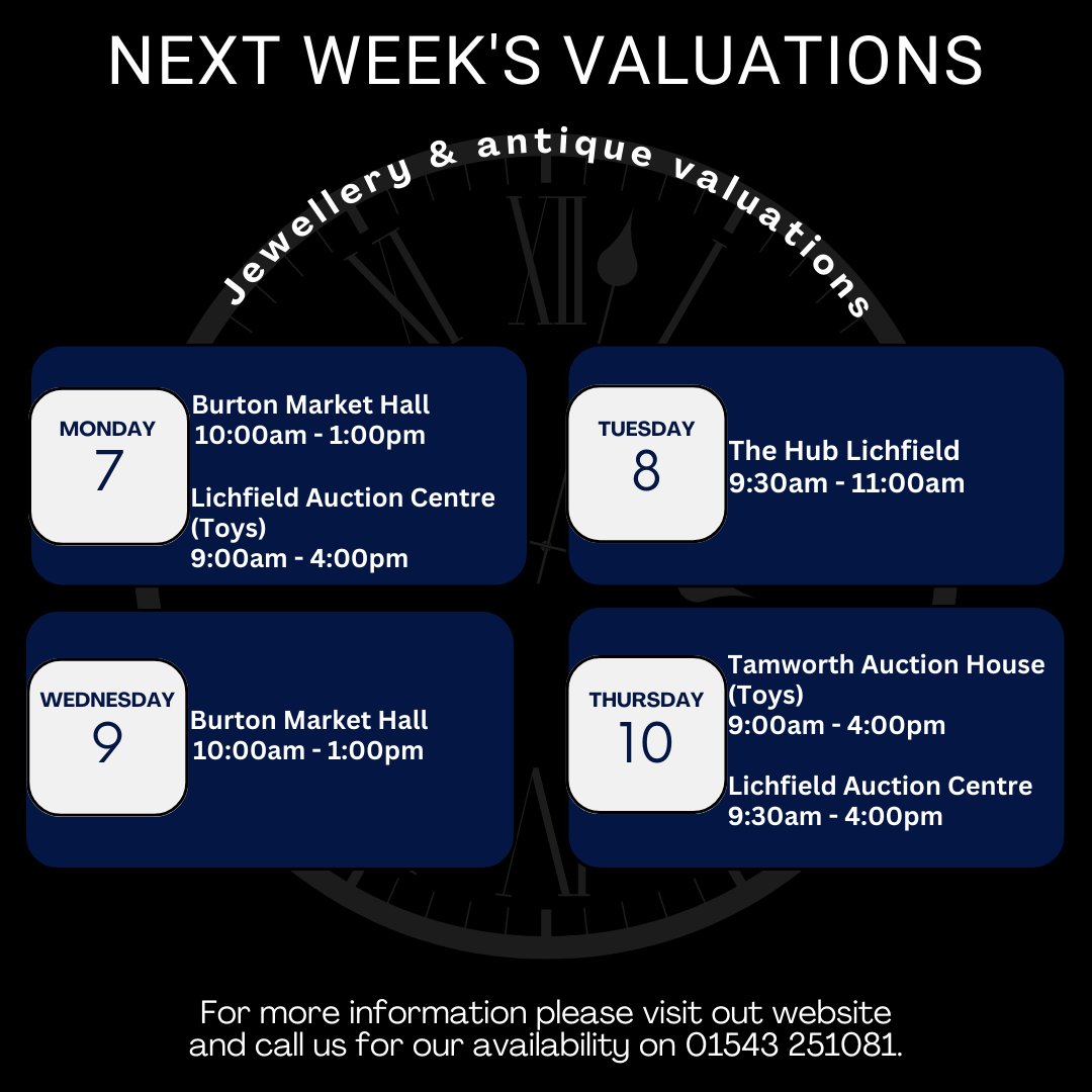 Auctionwint's tweet photo. Valuation Dates for next week with location and times 😆🕰️
If you have any questions please contact us, we look forward to seeing you there.
For more information please check out our website-
https://t.co/ZhcIVBrxxh
#valuationdates #auctionvaluations #wheretofindus #valueitems https://t.co/aU6fHRol9I
