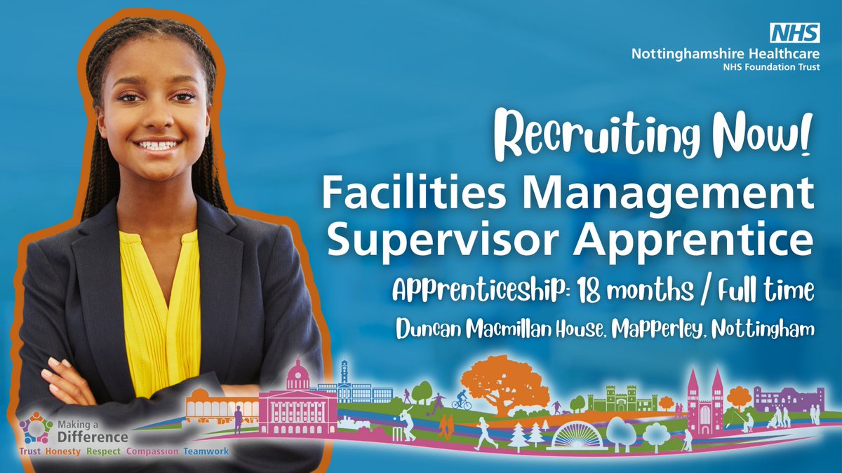 NottsHealthcare's tweet photo. 📣Apprenticeship Opportunity!📣

This prepares you for supervising a facilities management service, which can be labelled as hard (estate/building management) or soft (catering/cleaning/administration/security).

👉Find out more and apply here: https://t.co/h9zkPT6Khc https://t.co/LyyNSKpX6t