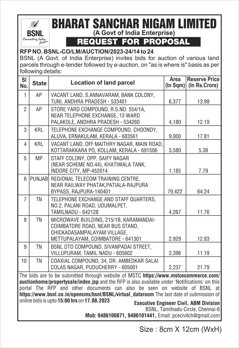 BSNL TamilNadu (@bsnl_tn) on Twitter photo Kind Attention, all Bidders!
BSNL Tamil Nadu Circle cordially invites you to participate in our e-tender for land parcels.
Place your bids and seize the opportunity to acquire prime real estate. Explore our website for further details. <a href="/BSNLCorporate/">BSNL India</a> #BidNow #eTender #eAuction Kind Attention, all Bidders!
BSNL Tamil Nadu Circle cordially invites you to participate in our e-tender for land parcels.
Place your bids and seize the opportunity to acquire prime real estate. Explore our website for further details. <a href="/BSNLCorporate/">BSNL India</a> #BidNow #eTender #eAuction
