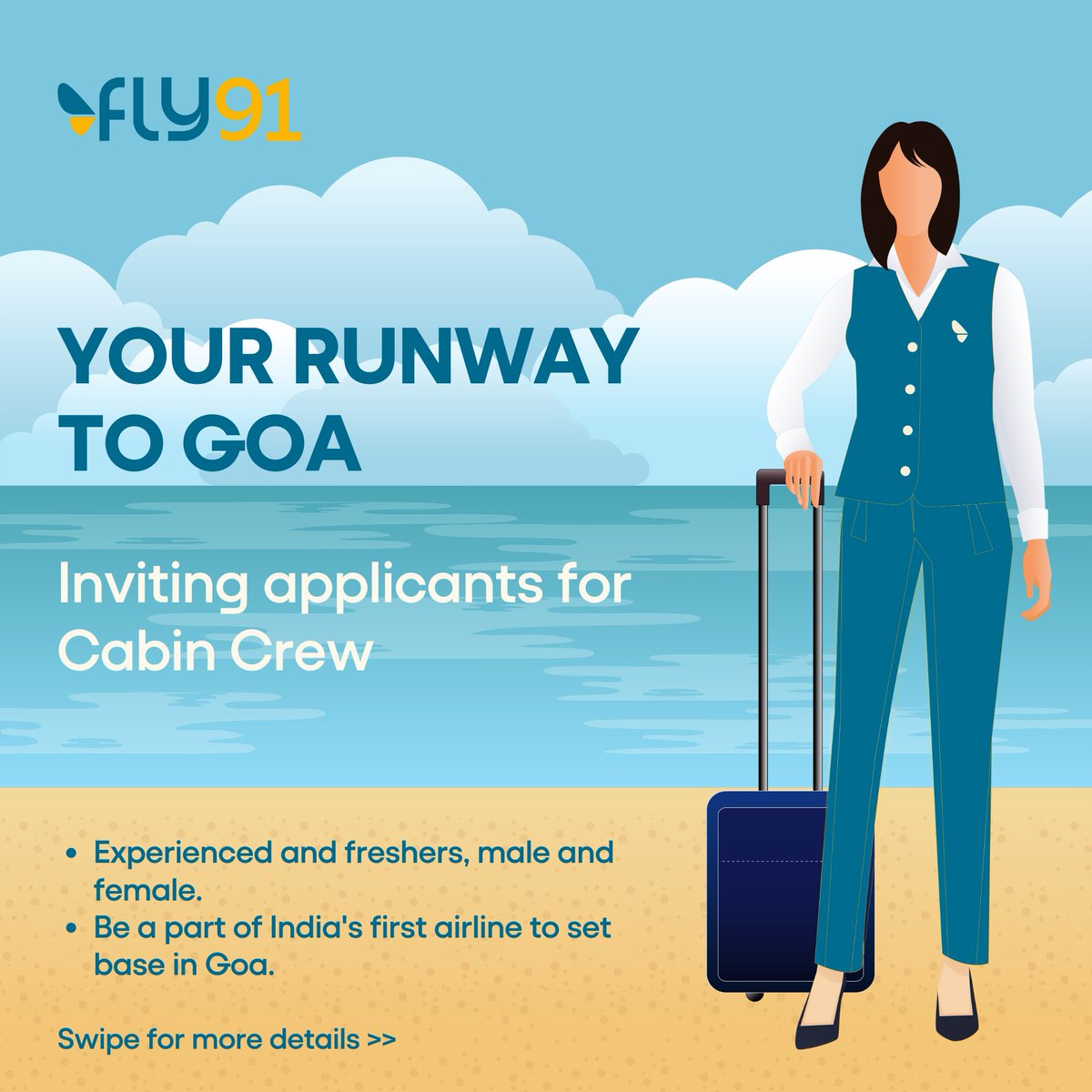 fly91_IN's tweet photo. Your flight to Goa is permanently booked 🙂

We are looking for young, energetic cabin crew with a passion for flying and exploring. 

If you believe in delivering service from ❤️, do send your CVs to careers@fly91.in

#cabincrew #hiring #aviation #airlines #BharatUnbound https://t.co/OBqcQOitc3