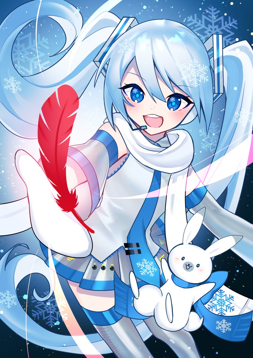 hatsune miku ,rabbit yukine ,yuki miku 1girl grey sleeves blue eyes scarf twintails white scarf skirt  illustration images